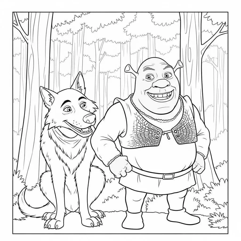 Desenho do Shrek e seu Lobo para Colorir