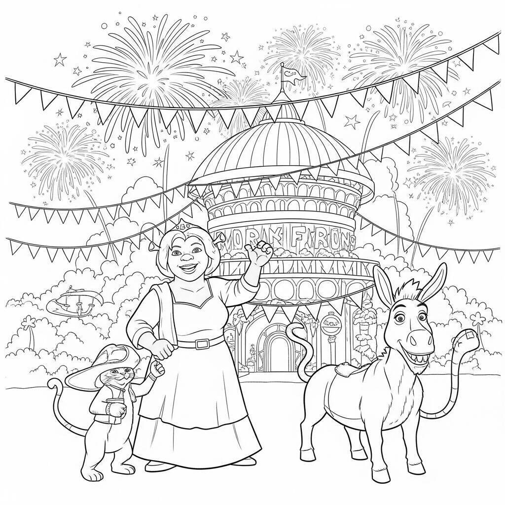 Coloriage Shrek et ses amis lors d'un festival