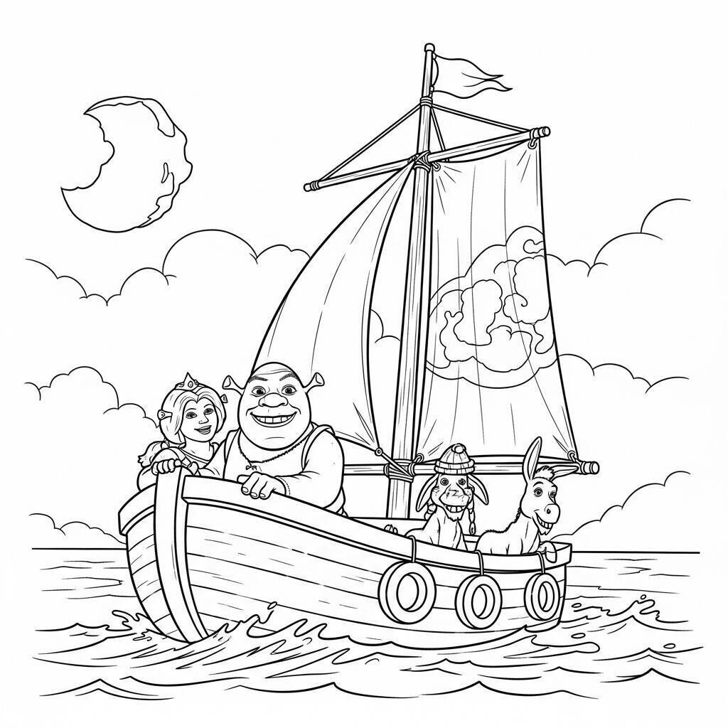 Coloriage Shrek sur un bateau