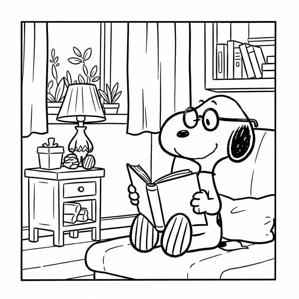 Desenho do Snoopy Lendo um Livro para Colorir