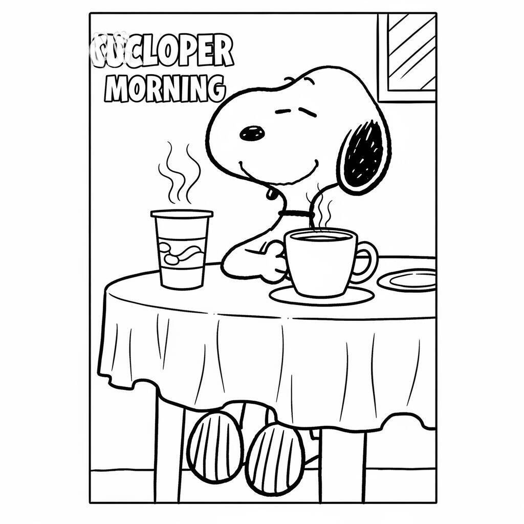 Desenho do Snoopy com uma Xícara de Café para Colorir
