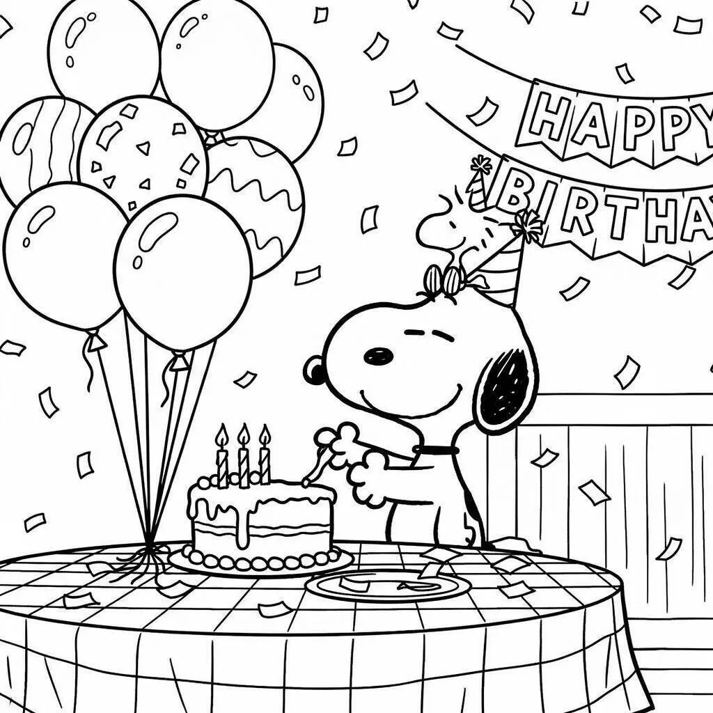 Desenho-do-Snoopy-e-a-Festa-de-Aniversario-para-Colorir Desenho do Snoopy e a Festa de Aniversário para Colorir