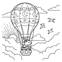 Desenho do Snoopy em um Balão de Ar Quente para Colorir