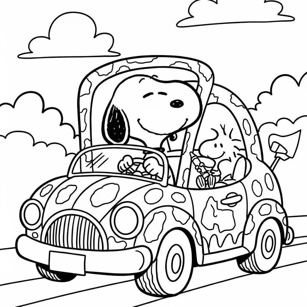 Desenho do Snoopy em um Carro para Colorir