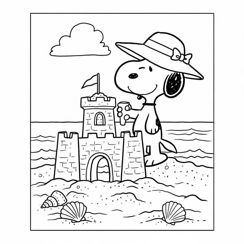 Desenho do Snoopy em uma Praia para Colorir