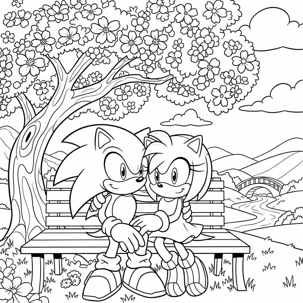 Desenho do Sonic e Amy em um Encontro Romântico para Colorir