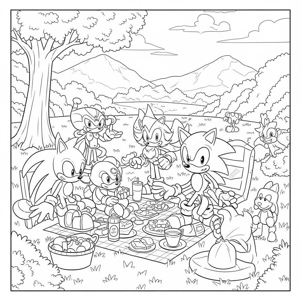 Desenho do Sonic e Seus Amigos em um Pic-Nic para Colorir