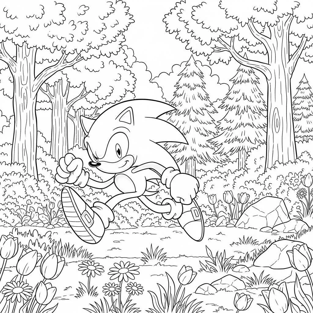 Desenho-do-Sonic-e-a-Floresta-para-Colorir Desenho do Sonic e a Floresta para Colorir