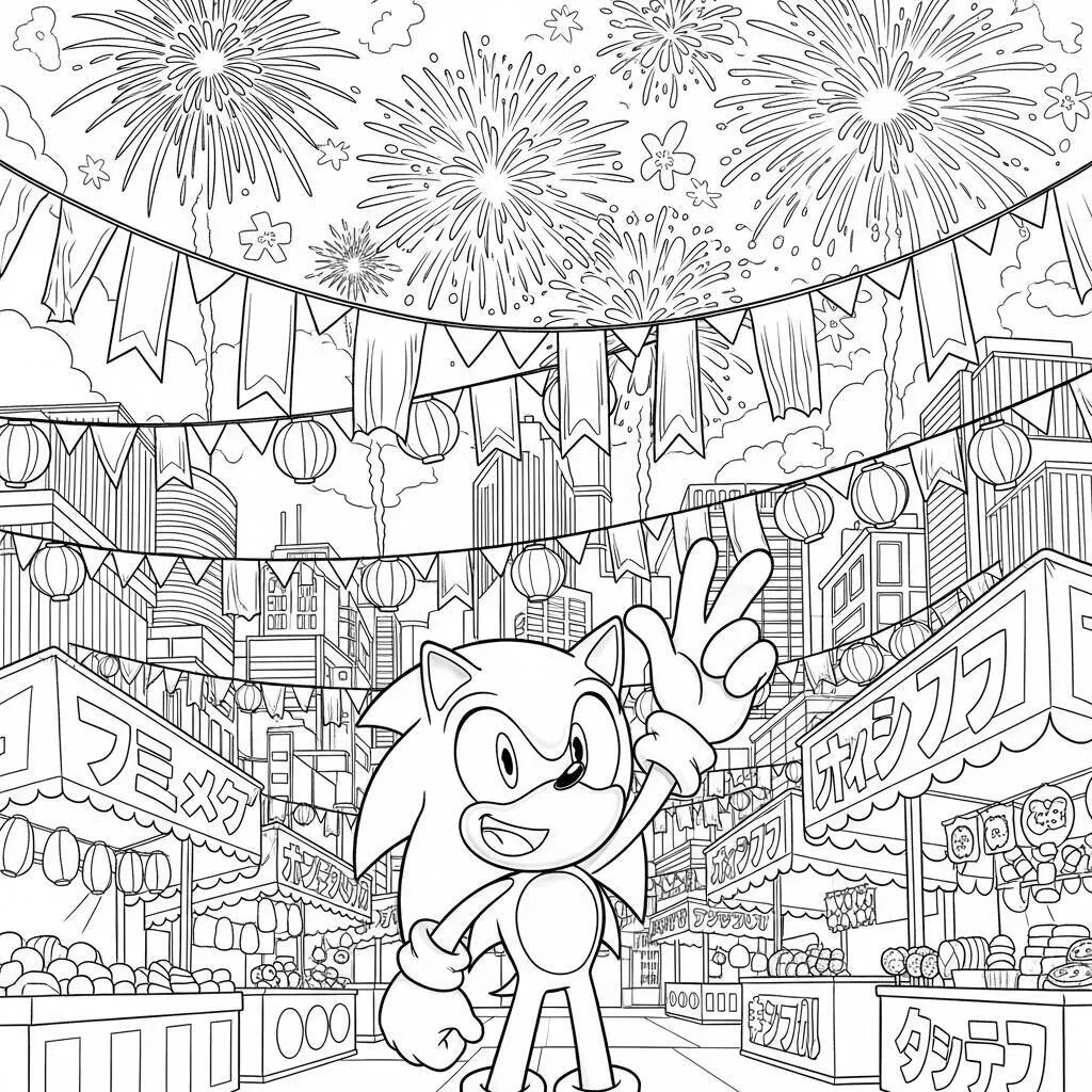Desenho do Sonic em um Festival para Colorir