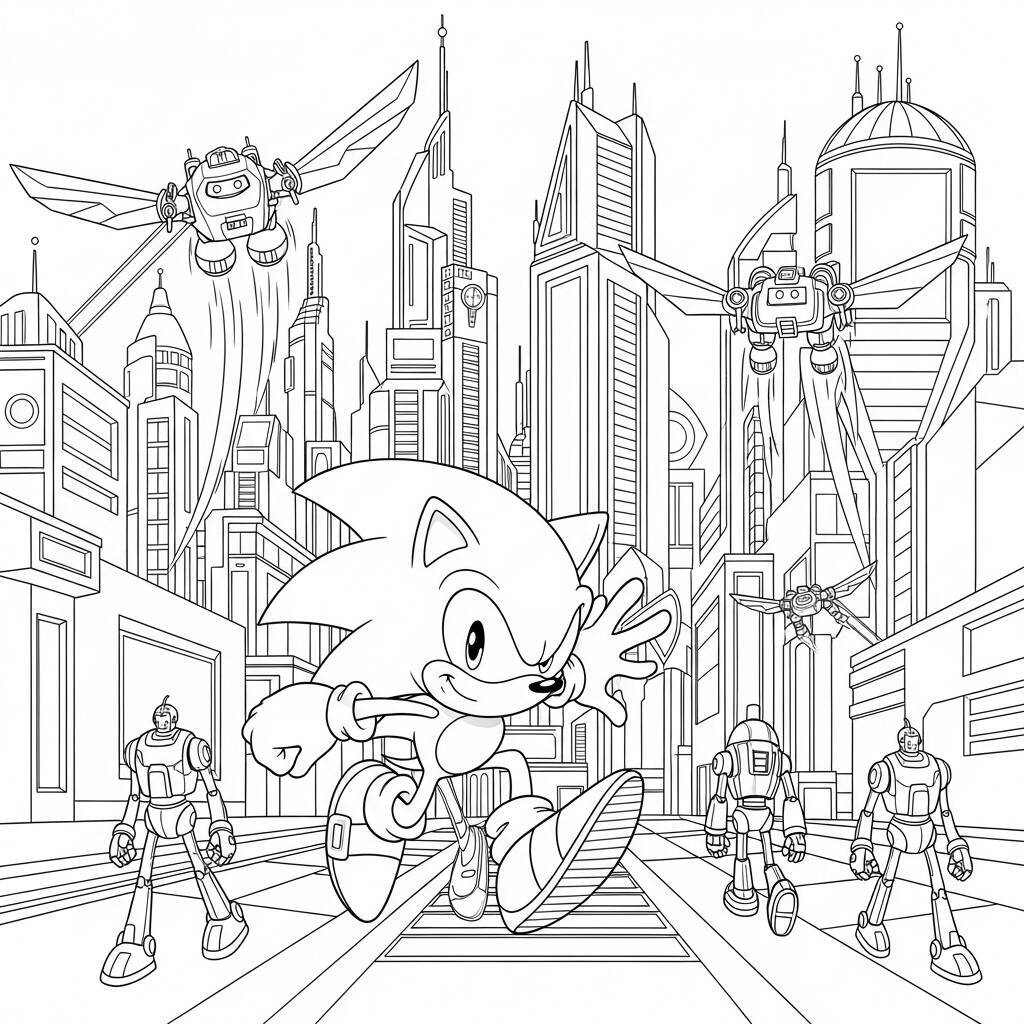 Desenho do Sonic em um Mundo Futurista para Colorir