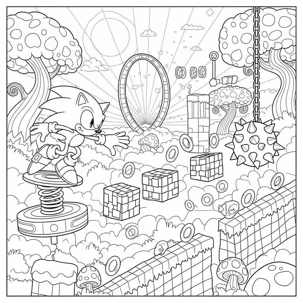 Desenho do Sonic em um Mundo de Aventura para Colorir