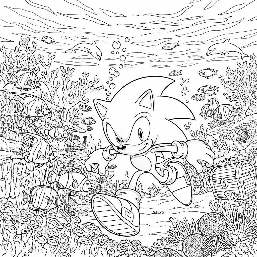 Desenho-do-Sonic-em-uma-Aventura-Subaquatica-para-Colorir Desenho do Sonic em uma Aventura Subaquática para Colorir