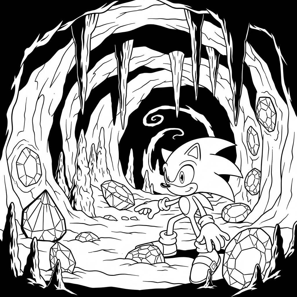 Desenho do Sonic em uma Caverna Misteriosa para Colorir