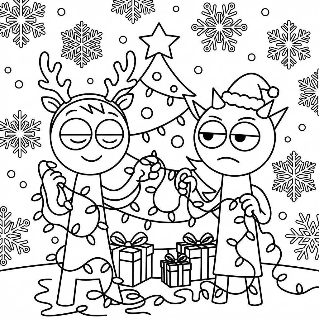 Desenho do Sprunki Decorando o Natal para colorir