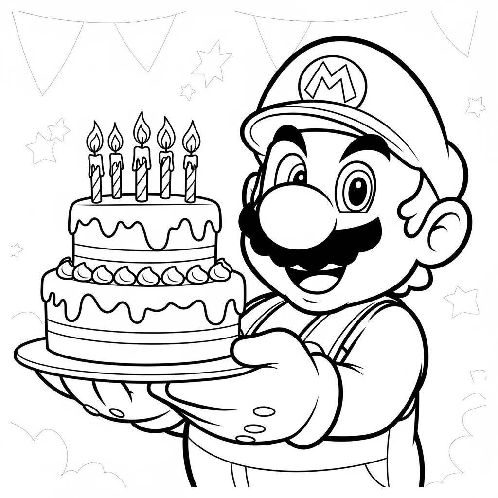 Desenho do Super Mario com um Bolo para Colorir