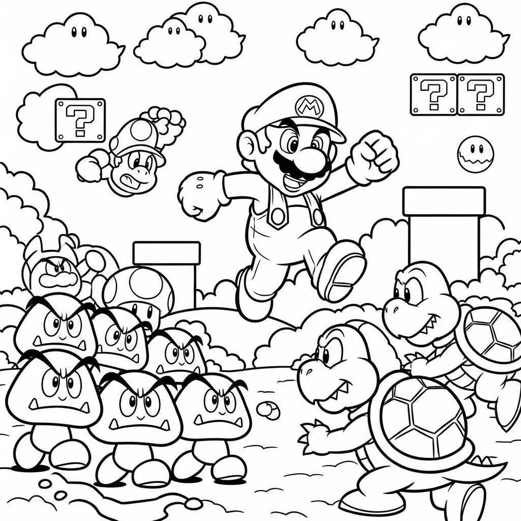 Desenho do Super Mario e os Inimigos para Colorir