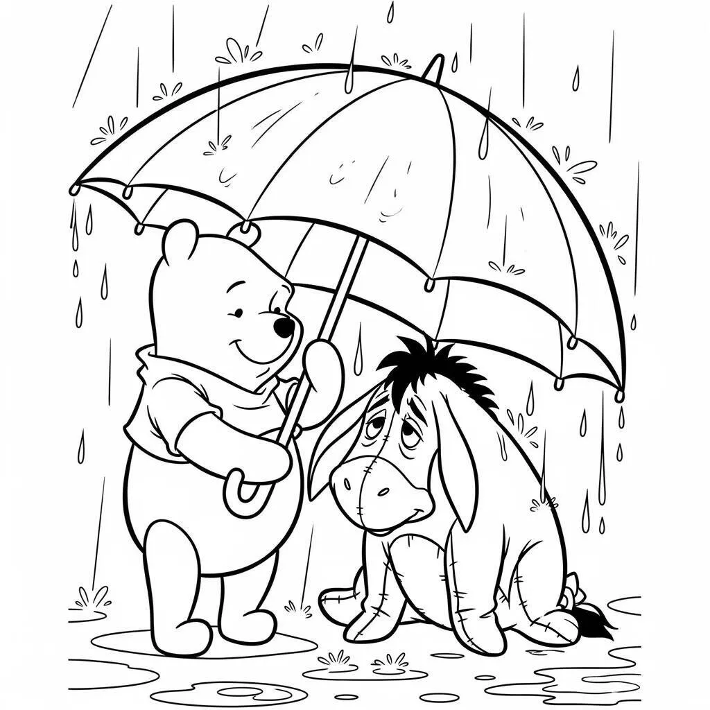 Desenho do Ursinho Pooh e Eeyore na Chuva para Colorir