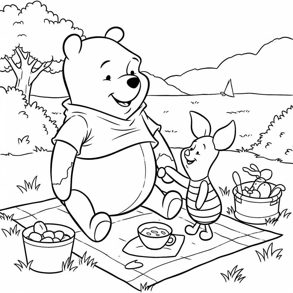 Ausmalbilder Winnie Puuh und Ferkel beim Picknick