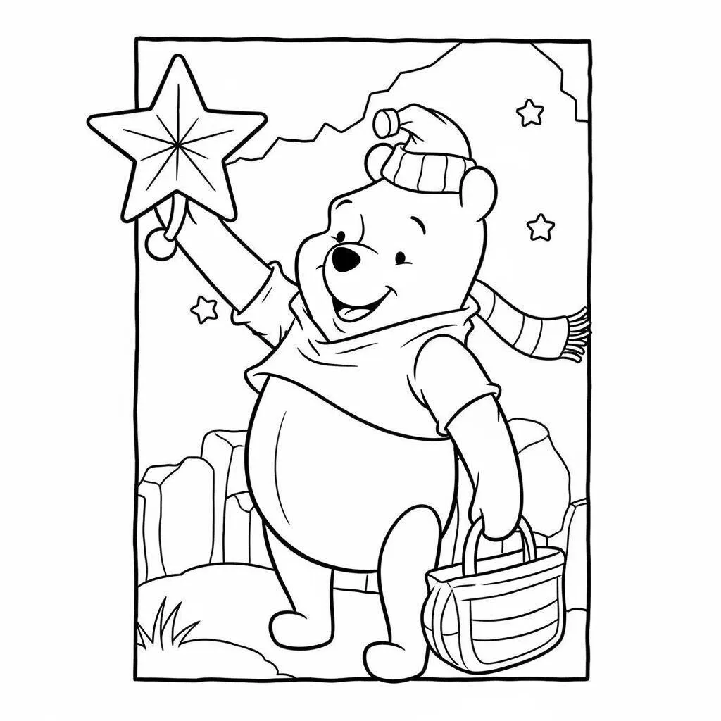 Desenho do Ursinho Pooh e a Estrela do Natal para Colorir
