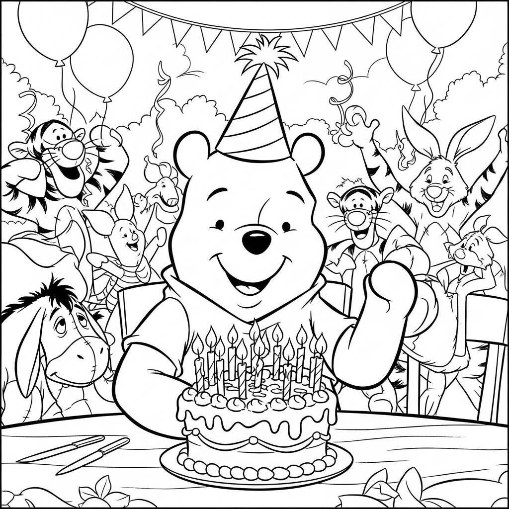Malvorlage „Winnie Puuh und die Geburtstagsfeier“.