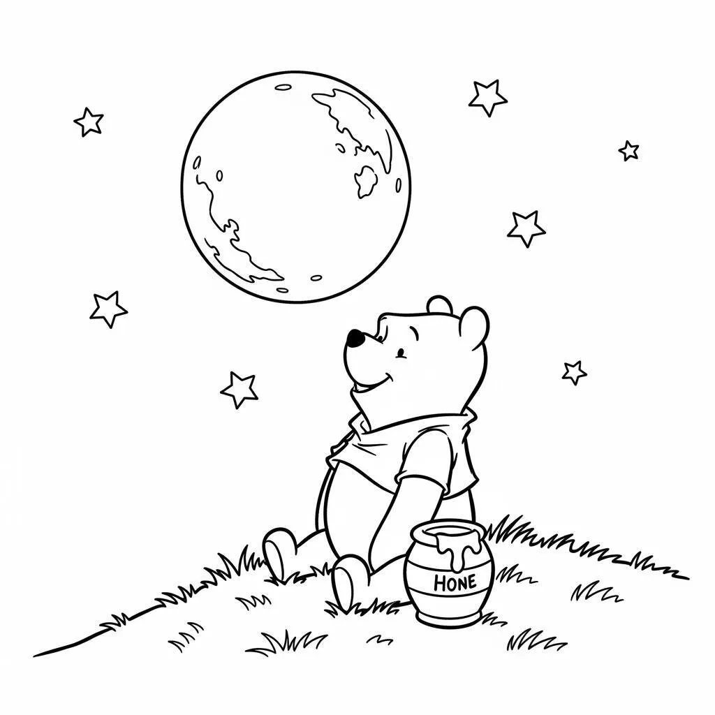Desenho do Ursinho Pooh e a Lua Brilhante para Colorir
