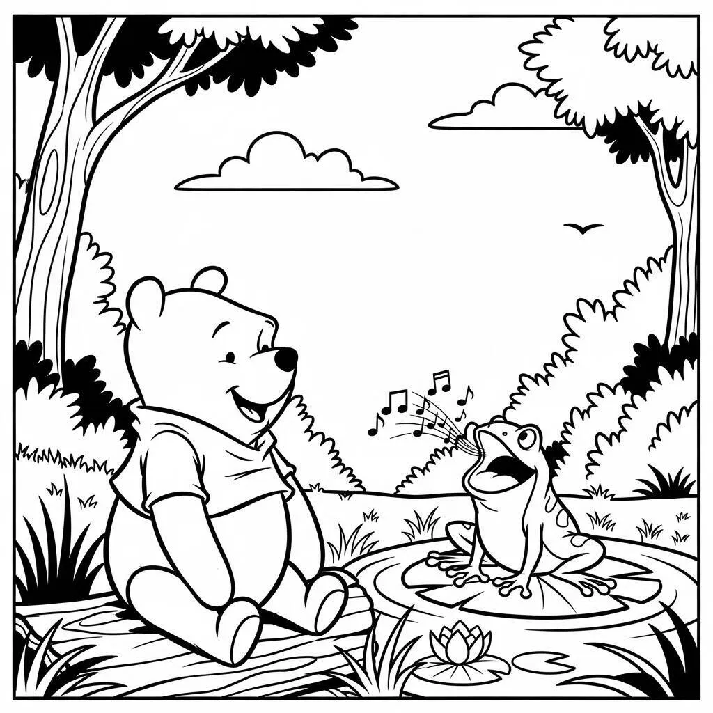 Desenho-do-Ursinho-Pooh-e-o-Sapo-Cantando-para-Colorir Winnie the Pooh and the Frog Singing Coloring Page