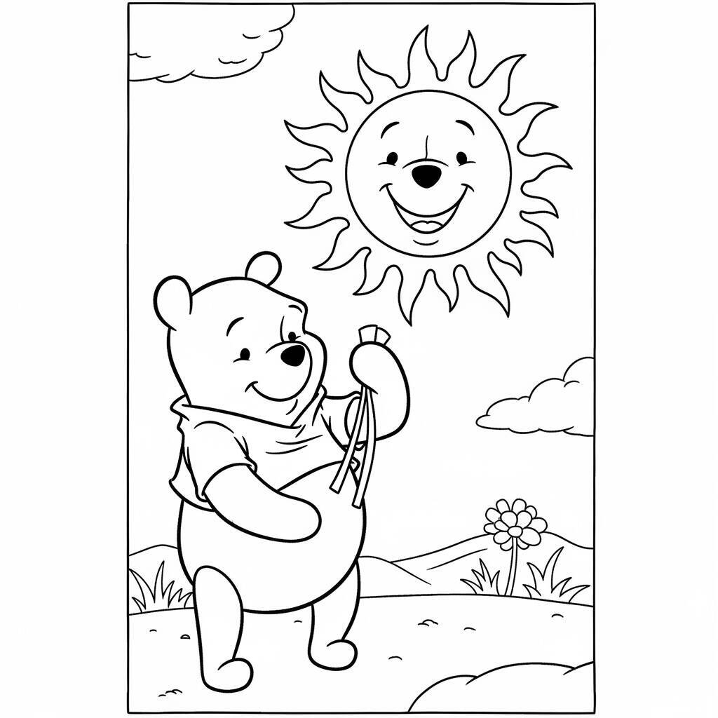 Ausmalbilder „Winnie Puuh und die lächelnde Sonne“.