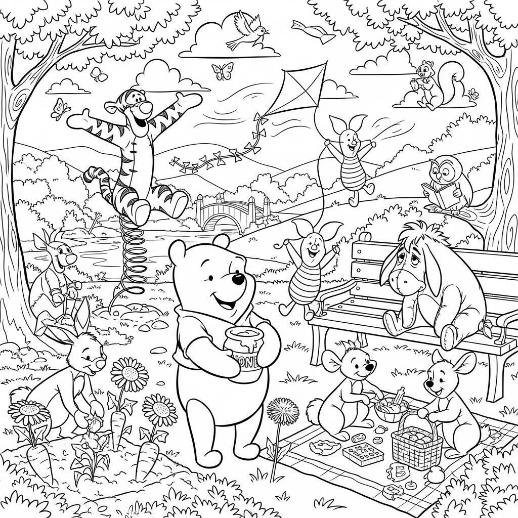 Malvorlage „Winnie Puuh und die Tiere im Park“.