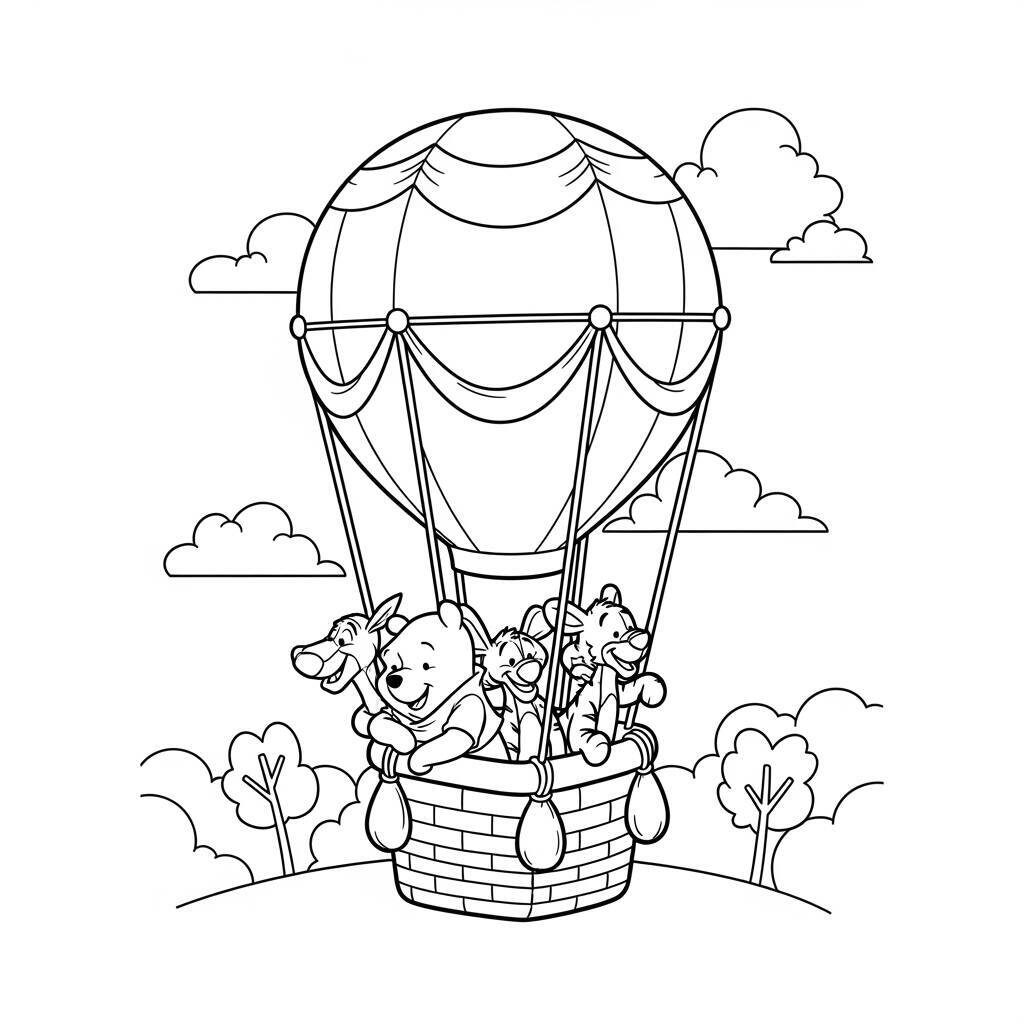 Winnie Puuh und seine Freunde im Ballon zum Ausmalen
