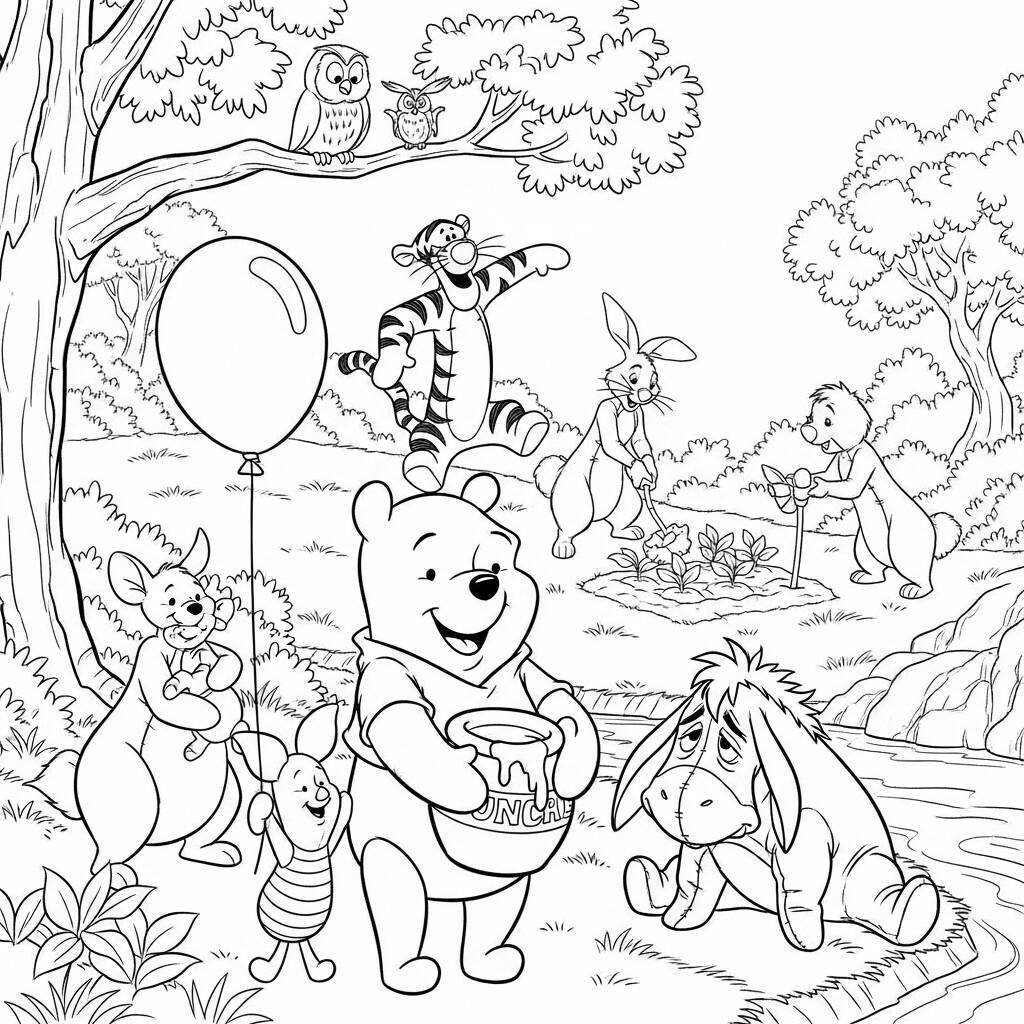 Winnie the Pooh und seine Freunde im Wald Malvorlage