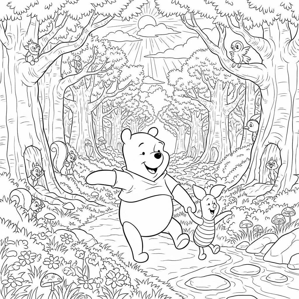 Winnie the Pooh auf einem Abenteuer im Wald Malvorlage