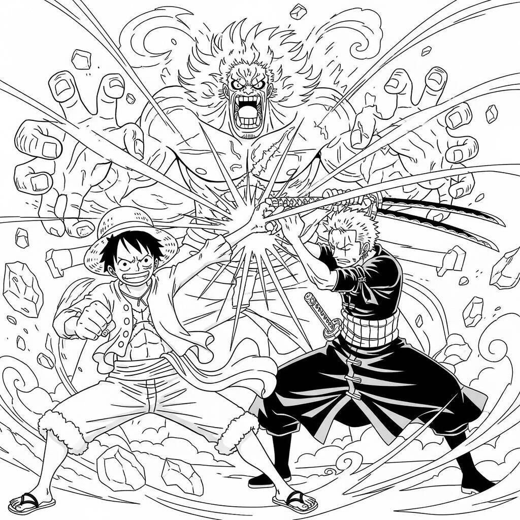 Coloriage Zoro et Luffy en action