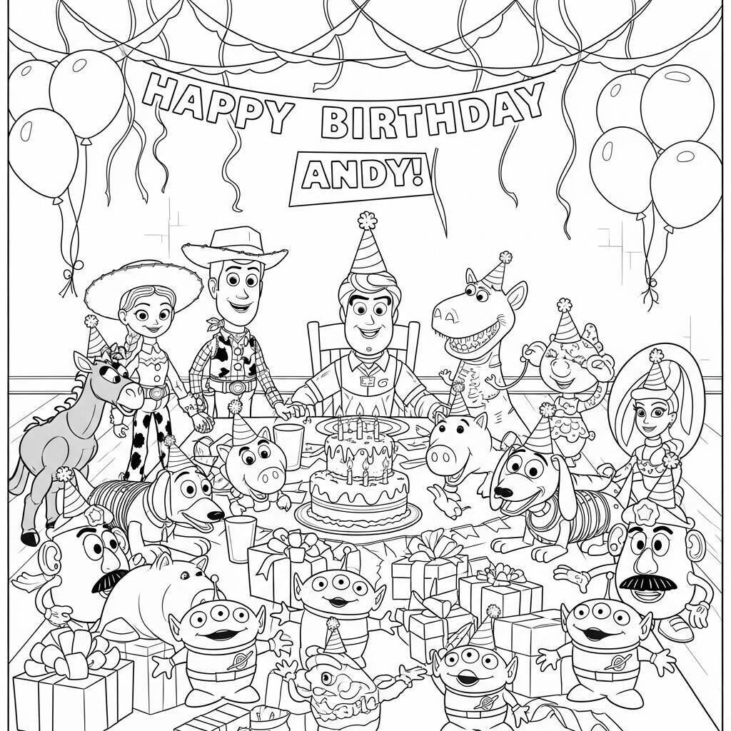 Desenho do aniversário do Andy do Toy Story para Colorir