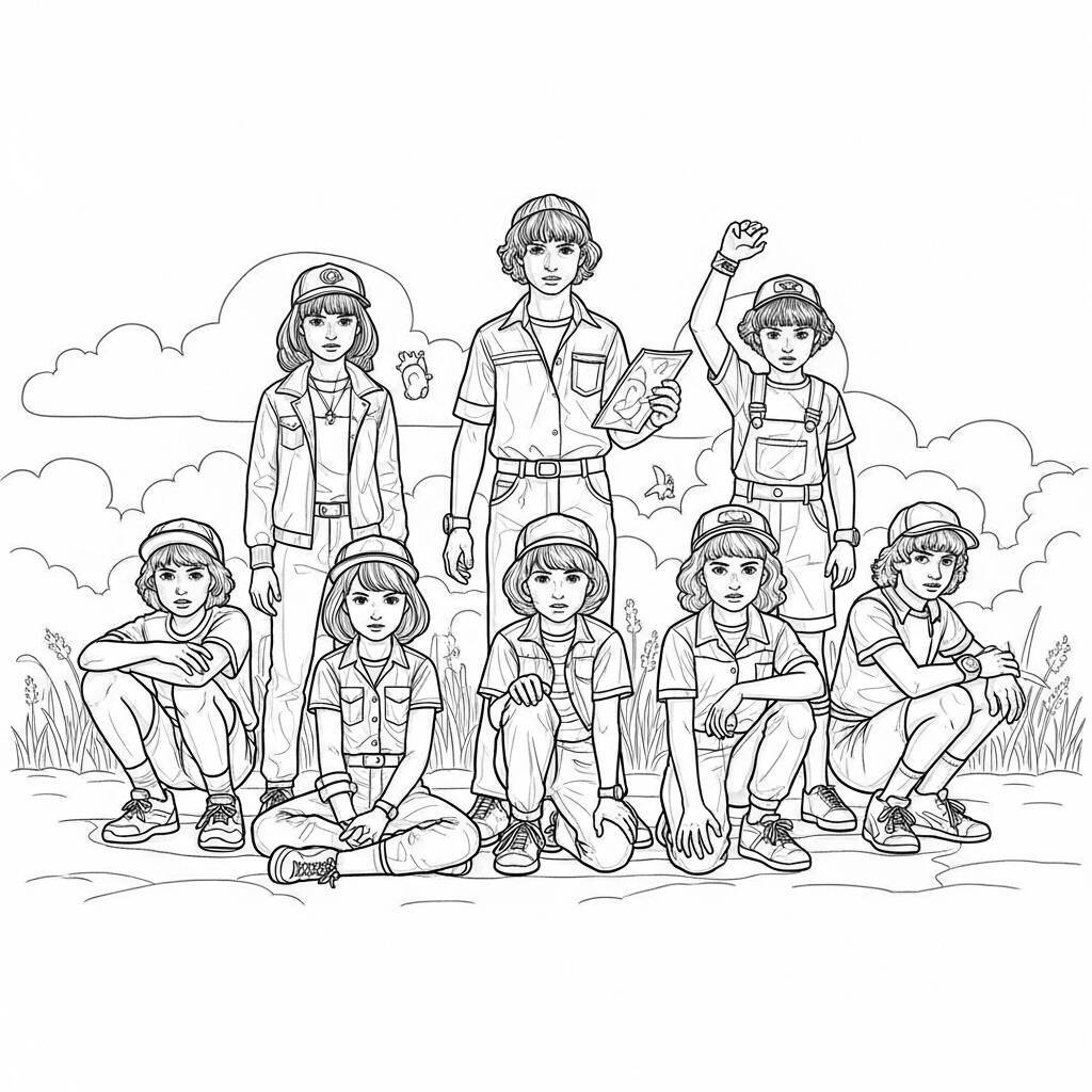Desenho do grupo de amigos de Stranger Things para Colorir
