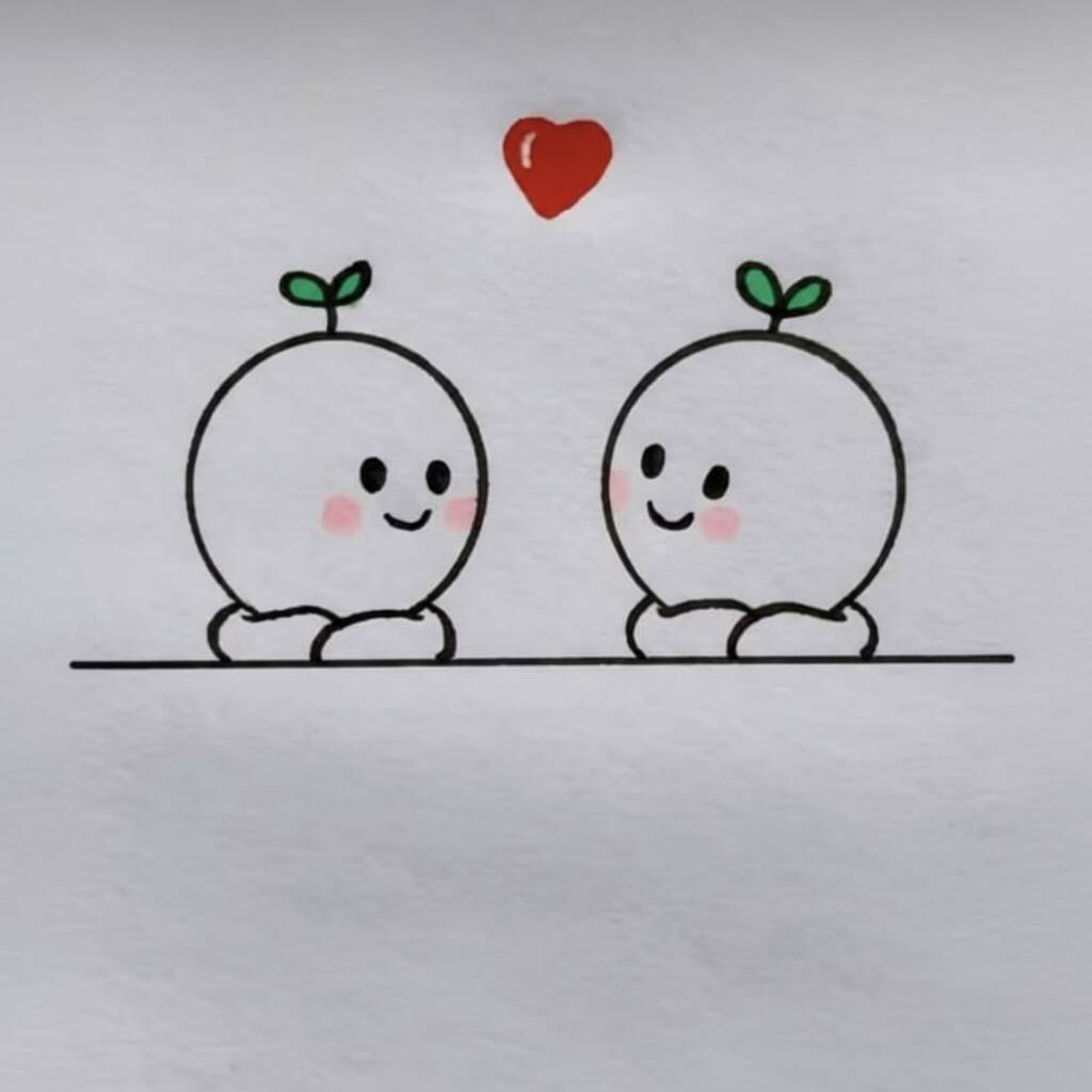 Desenho fácil de duas plantinhas fofas com corações