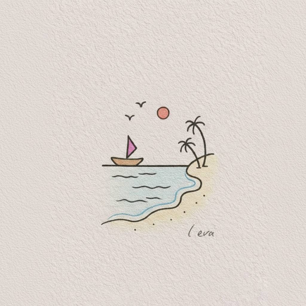 Desenho fácil de um barco na praia com sol e palmeiras