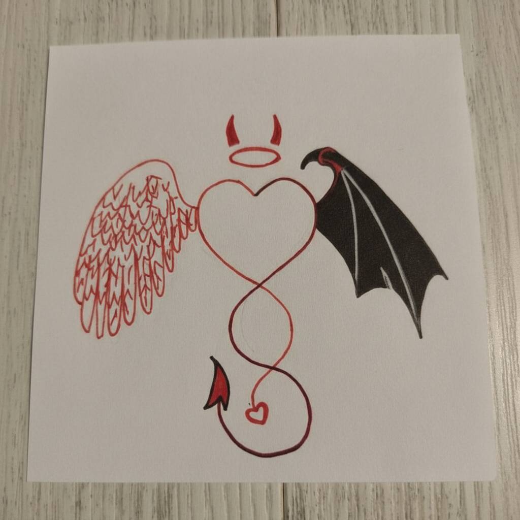Desenho fácil de um coração com asas de anjo e chifres de demônio