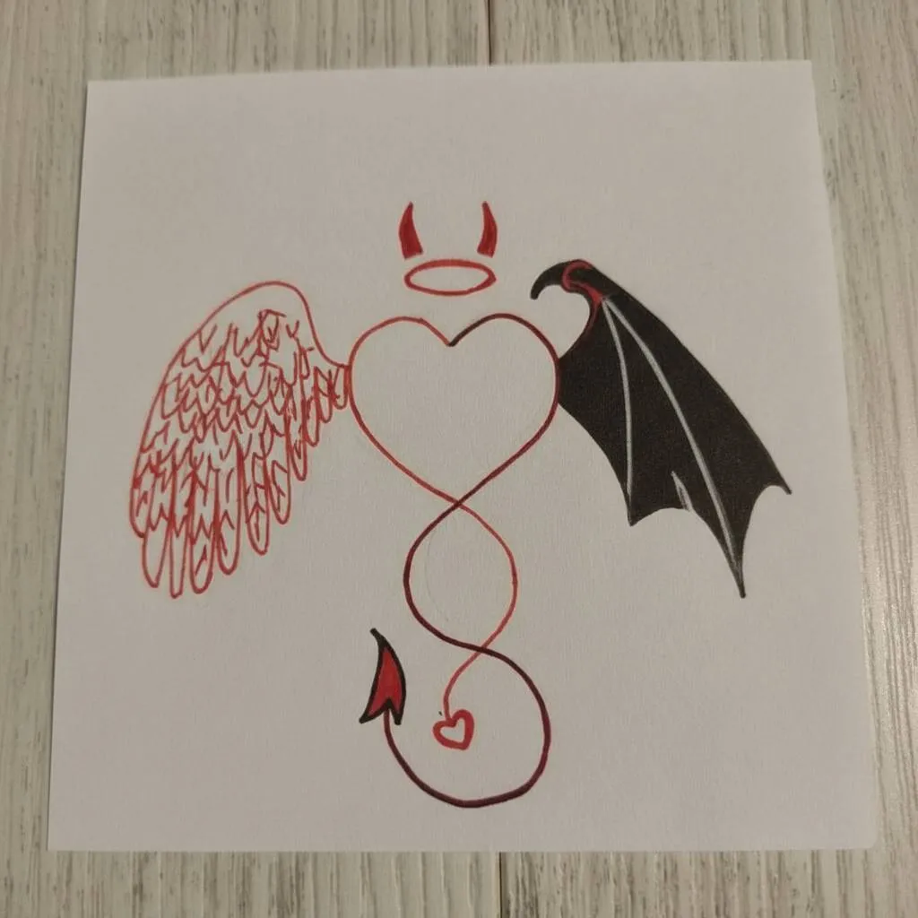 Desenho fácil de um coração com asas de anjo e chifres de demônio