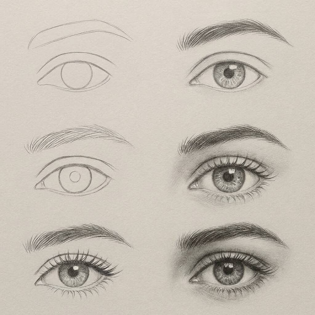 Desenho passo a passo de olhos realistas para colorir