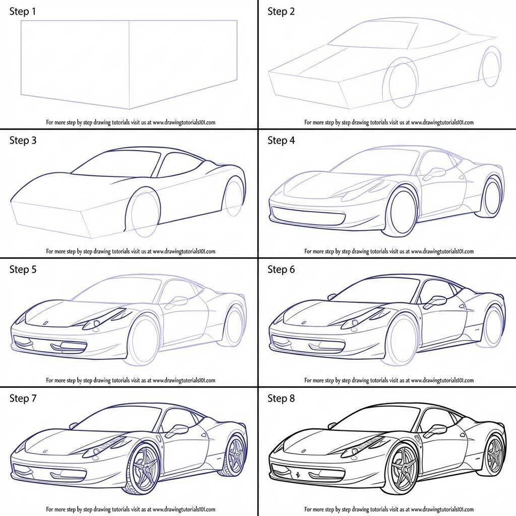 Desenho passo a passo de um carro esportivo para colorir