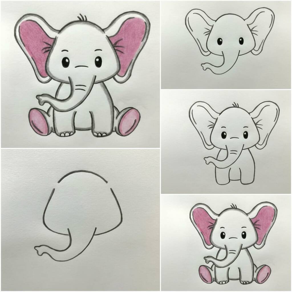 Desenho passo a passo de um elefante para colorir