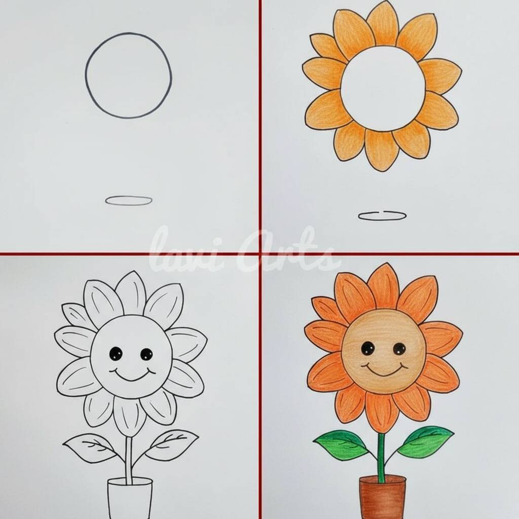 Desenho passo a passo de um girassol colorido