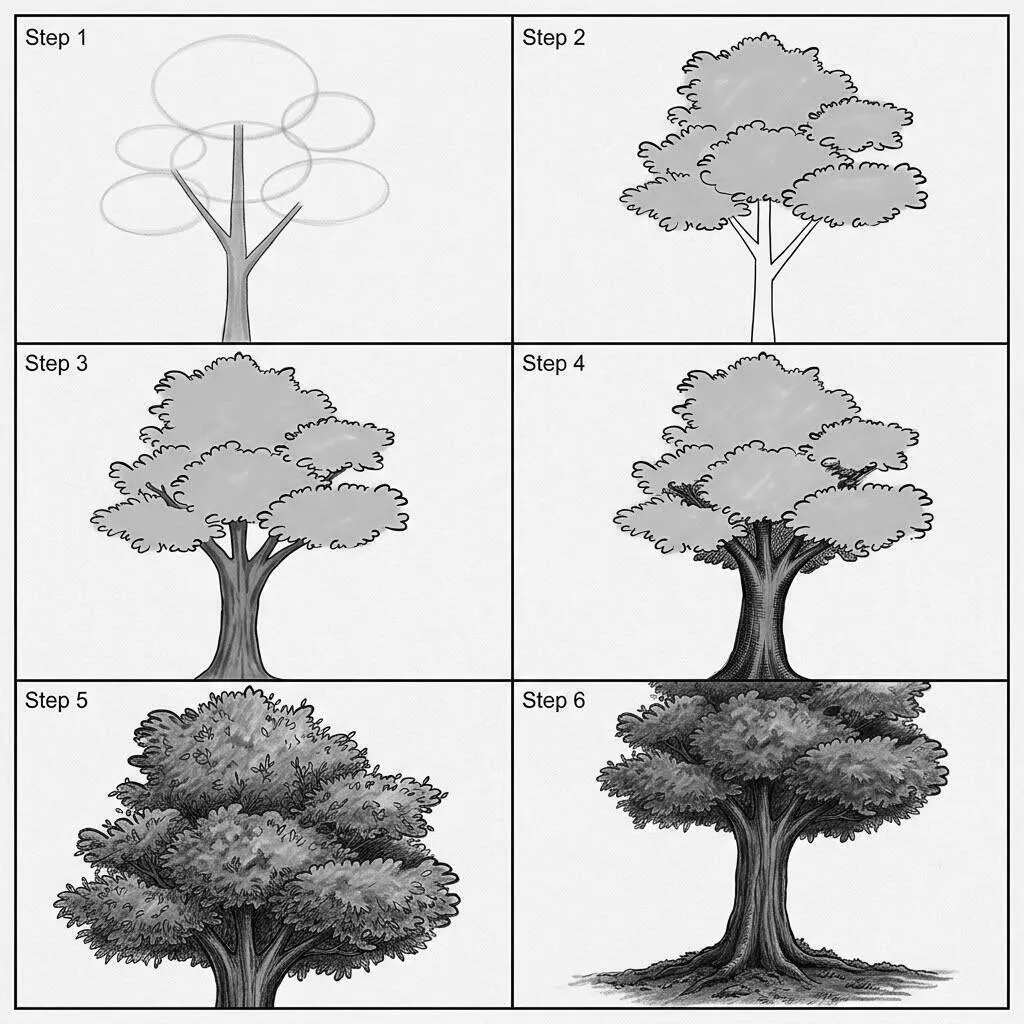 Desenho passo a passo de uma árvore para colorir