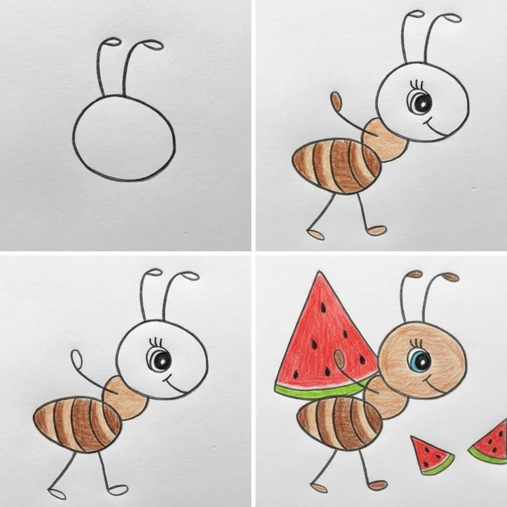 Desenho passo a passo de uma formiga segurando uma fatia de melancia