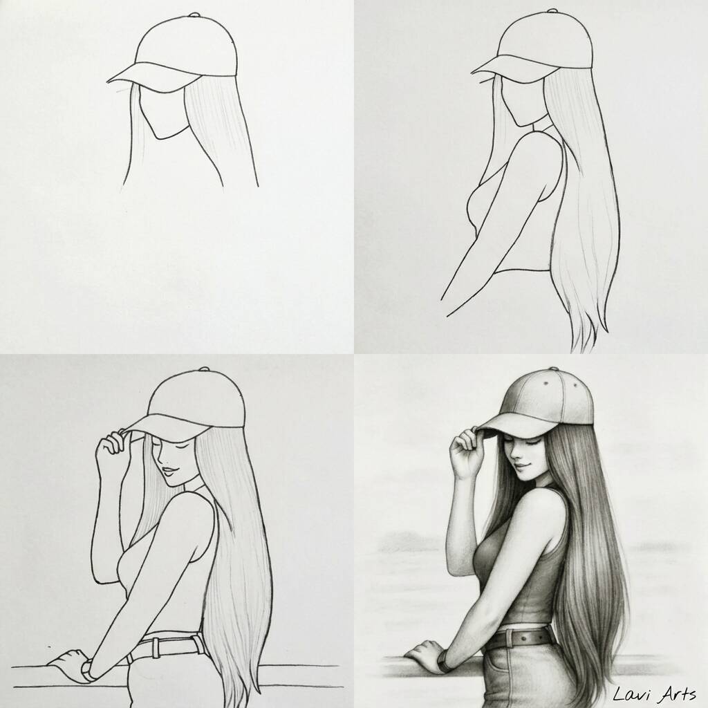 Desenho passo a passo de uma garota usando boné