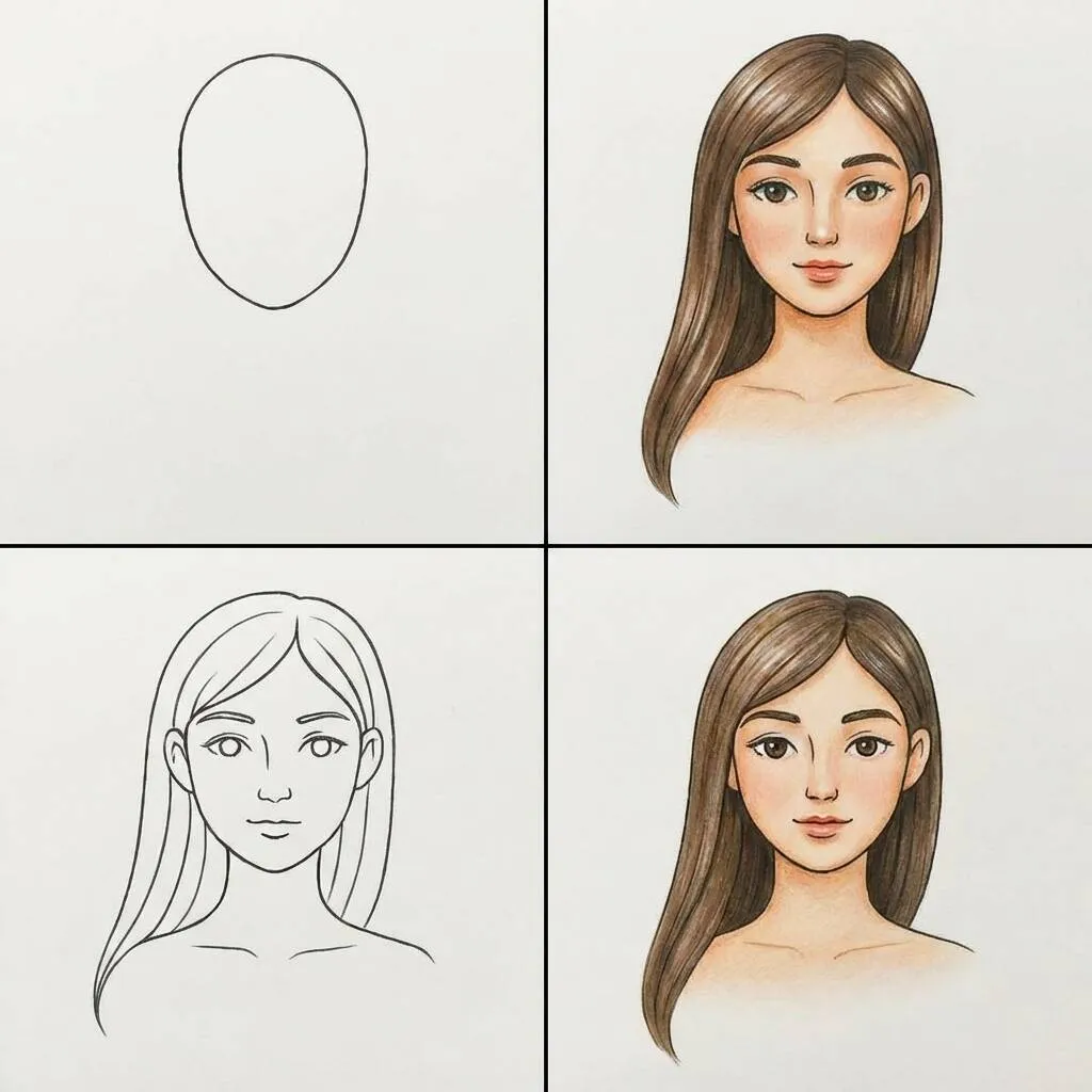 Desenho passo a passo de uma jovem mulher com cabelo longo e liso
