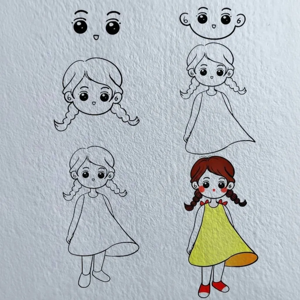 Desenho passo a passo de uma menina com vestido para colorir