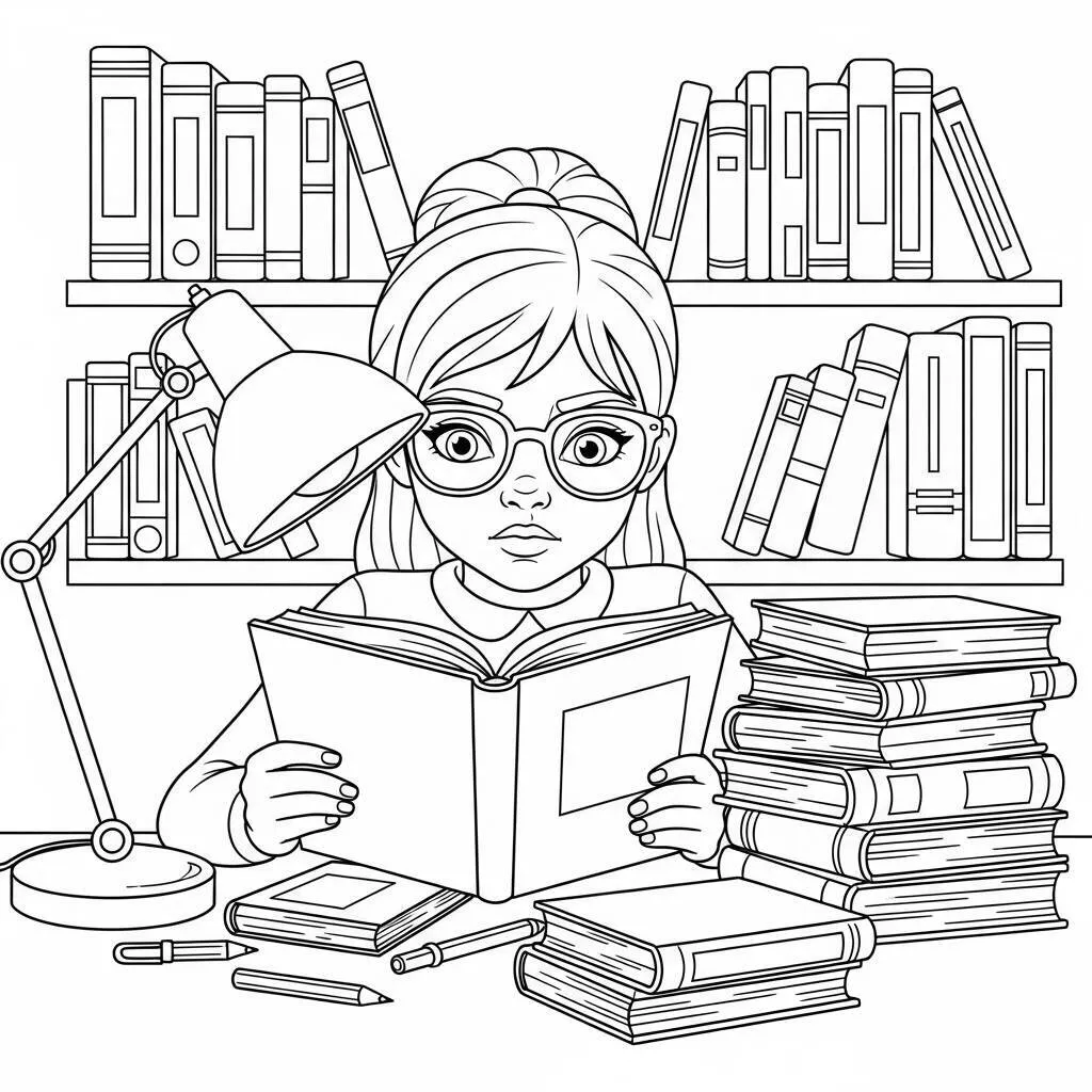 Garota Estudiosa com Livros para Colorir