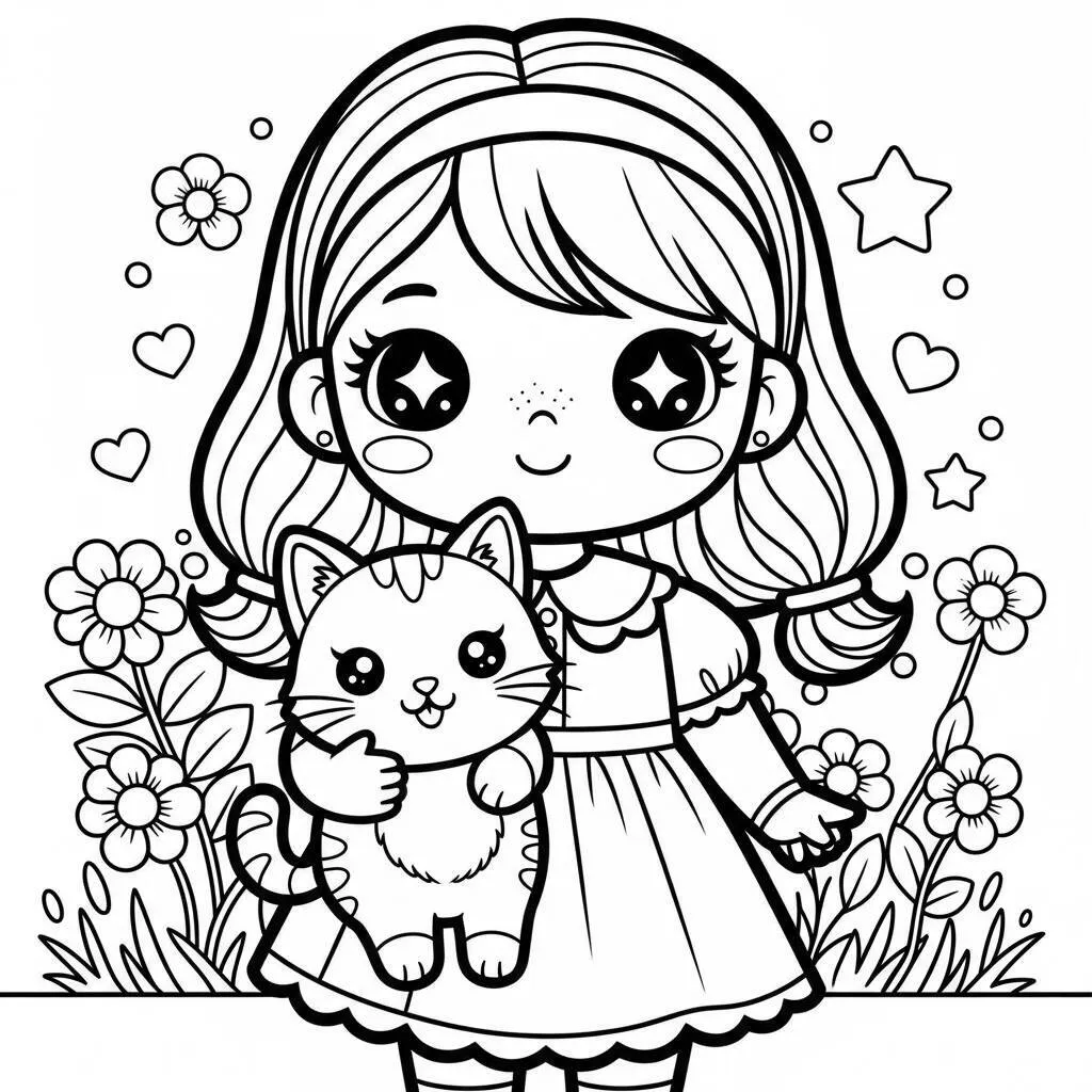 Garota Kawaii com Gato para Colorir