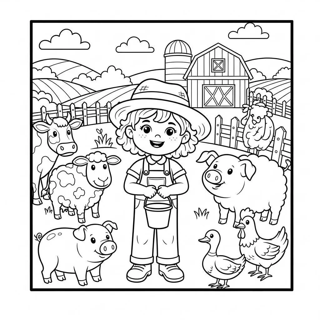 Garota com Animais da Fazenda para Colorir